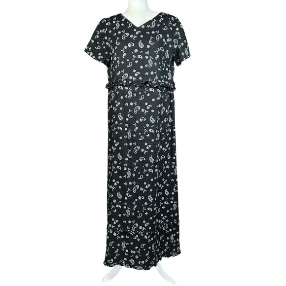 Match Dresses & Skirts - Y2K MATCH Linen Paisley Midi Dress 12 Vintage Black White Ruffle USA